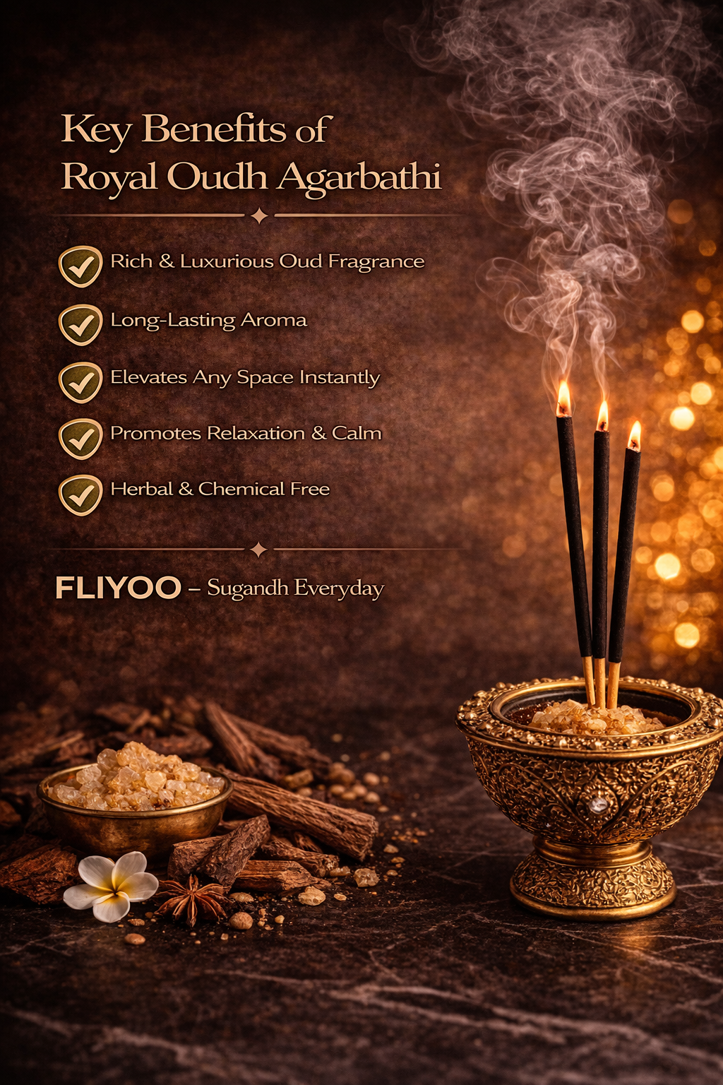 FLIYOO Royal Oudh Agarbathi - Herbal Incense Joss Sticks (150 sticks)