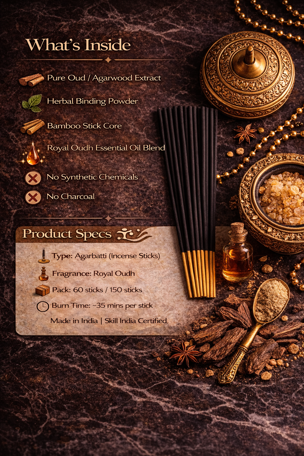 FLIYOO Royal Oudh Agarbathi - Herbal Incense Joss Sticks (60 sticks)