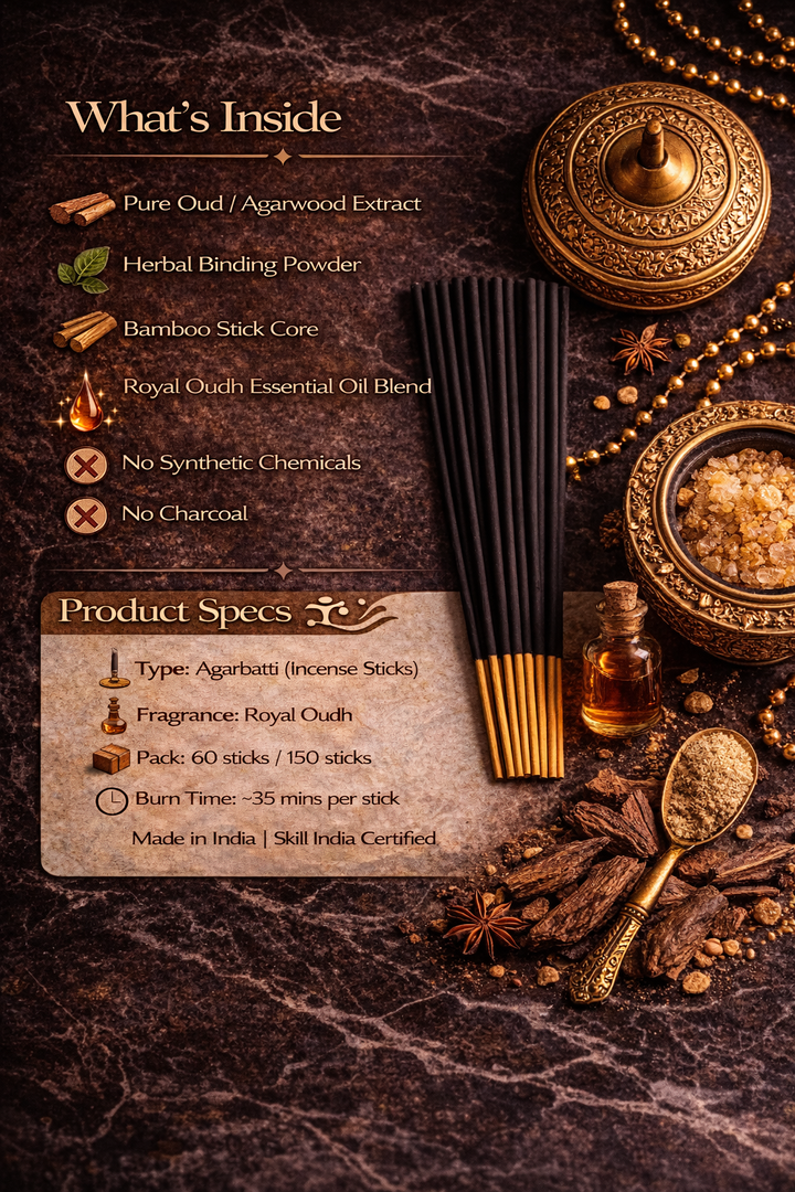 FLIYOO Royal Oudh Agarbathi - Herbal Incense Joss Sticks (60 sticks)