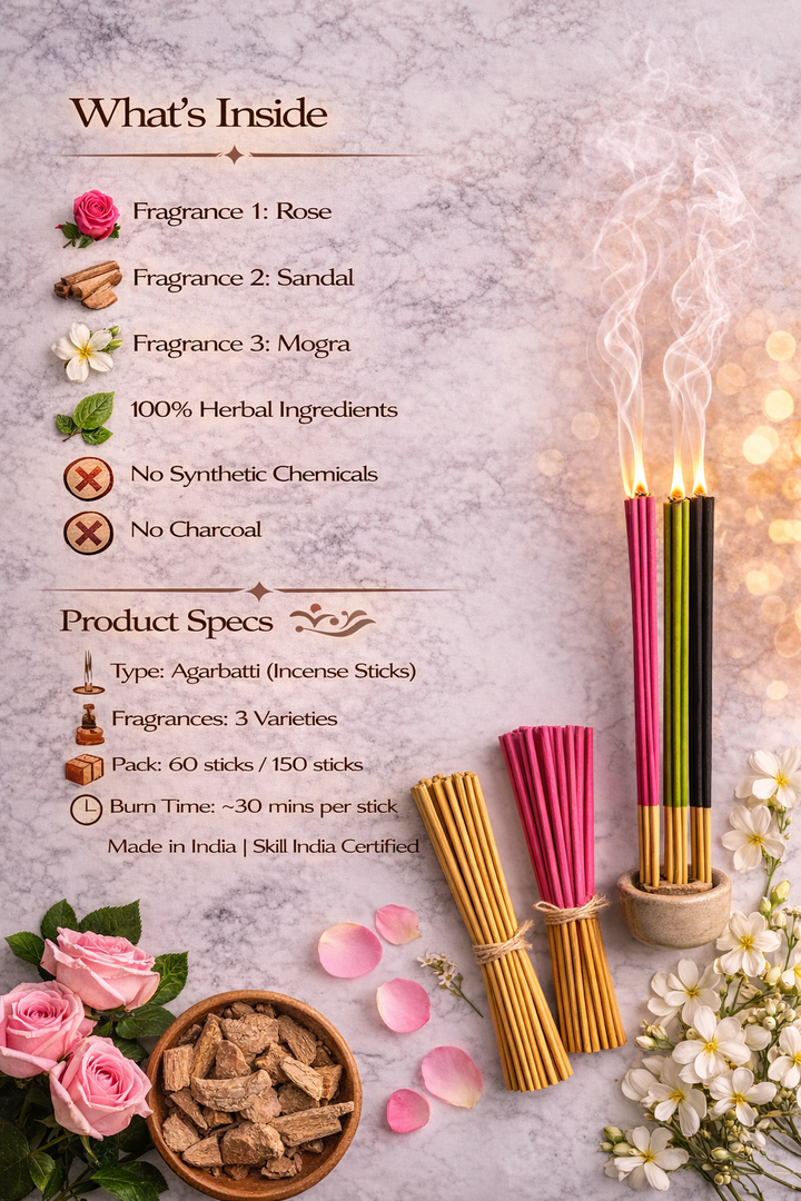 FLIYOO 3 In ONE Agarbathi - Herbal Incense Joss Sticks (60 sticks)