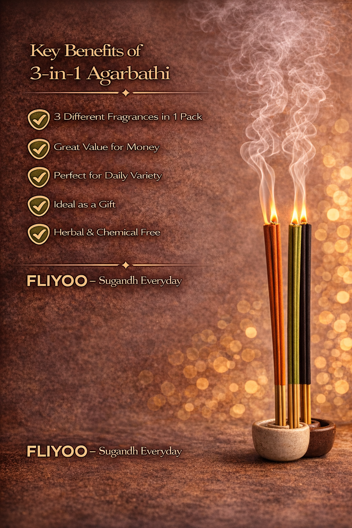 FLIYOO 3 In ONE Agarbathi - Herbal Incense Joss Sticks (60 sticks)