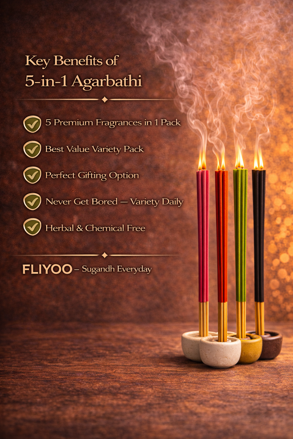 FLIYOO 5 In ONE Agarbathi - Herbal Incense Joss Sticks (150 sticks)