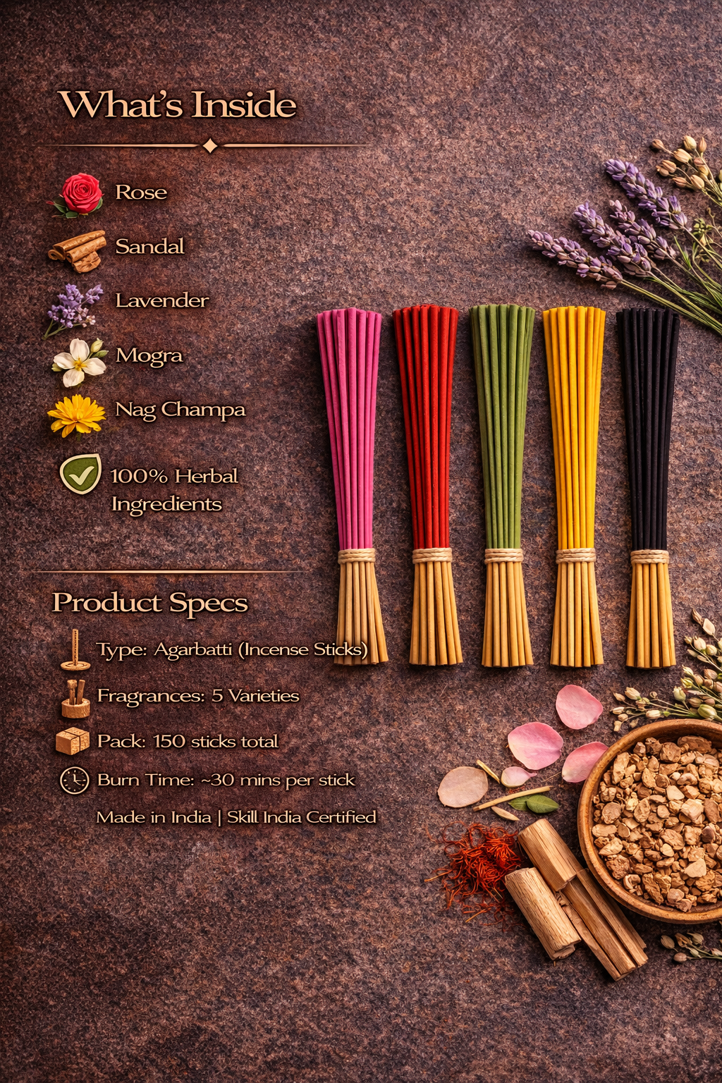 FLIYOO 5 In ONE Agarbathi - Herbal Incense Joss Sticks (150 sticks)
