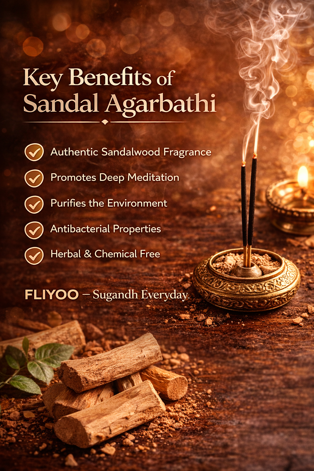 FLIYOO Sandal Agarbathi - Herbal Incense Joss Sticks (60 sticks)