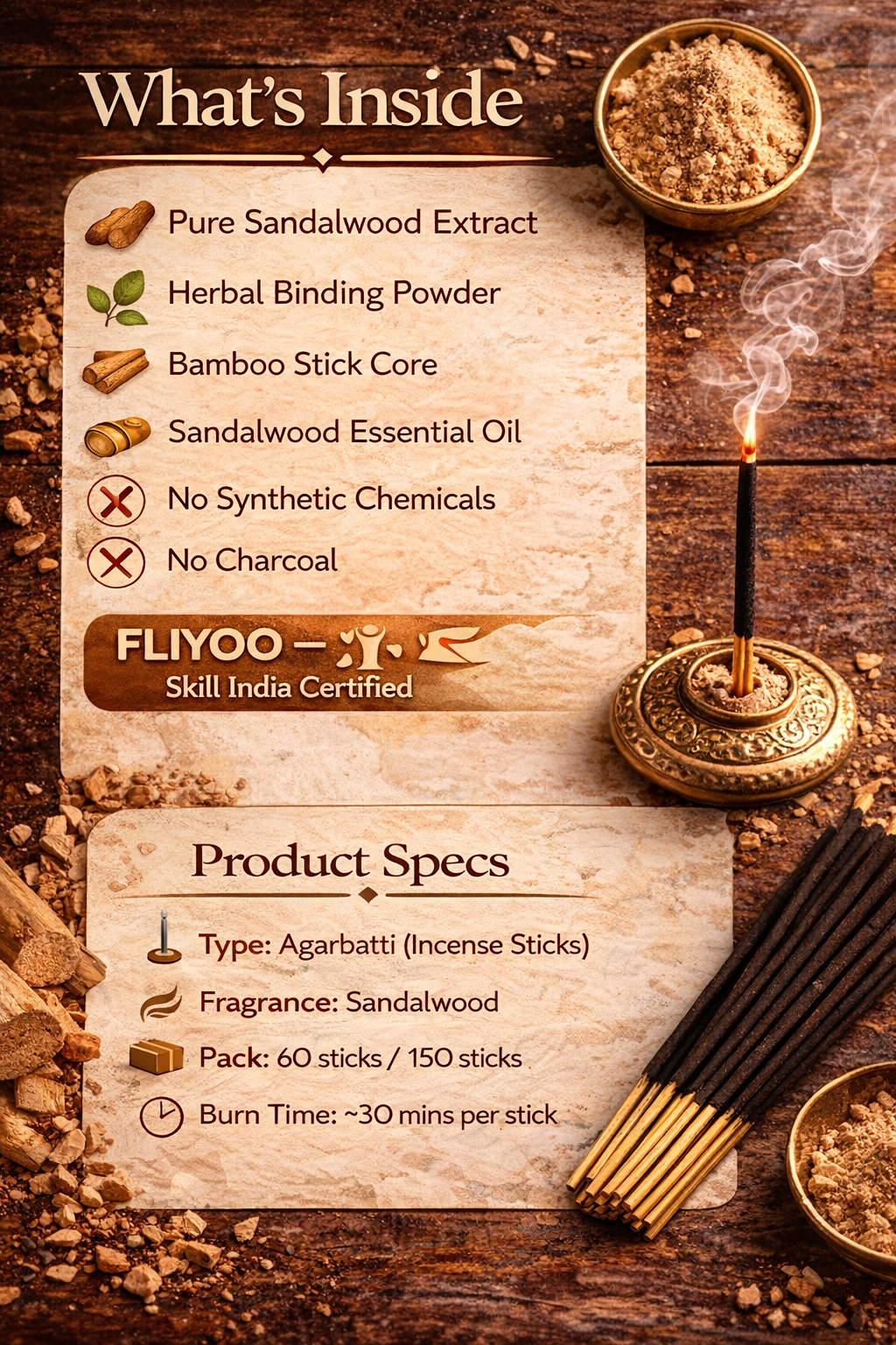 FLIYOO Sandal Agarbathi - Herbal Incense Joss Sticks (60 sticks)