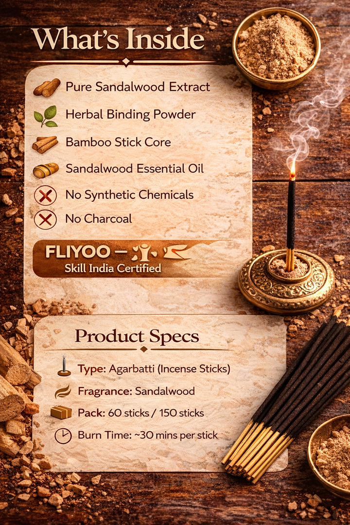 FLIYOO Sandal Agarbathi - Herbal Incense Joss Sticks (60 sticks)